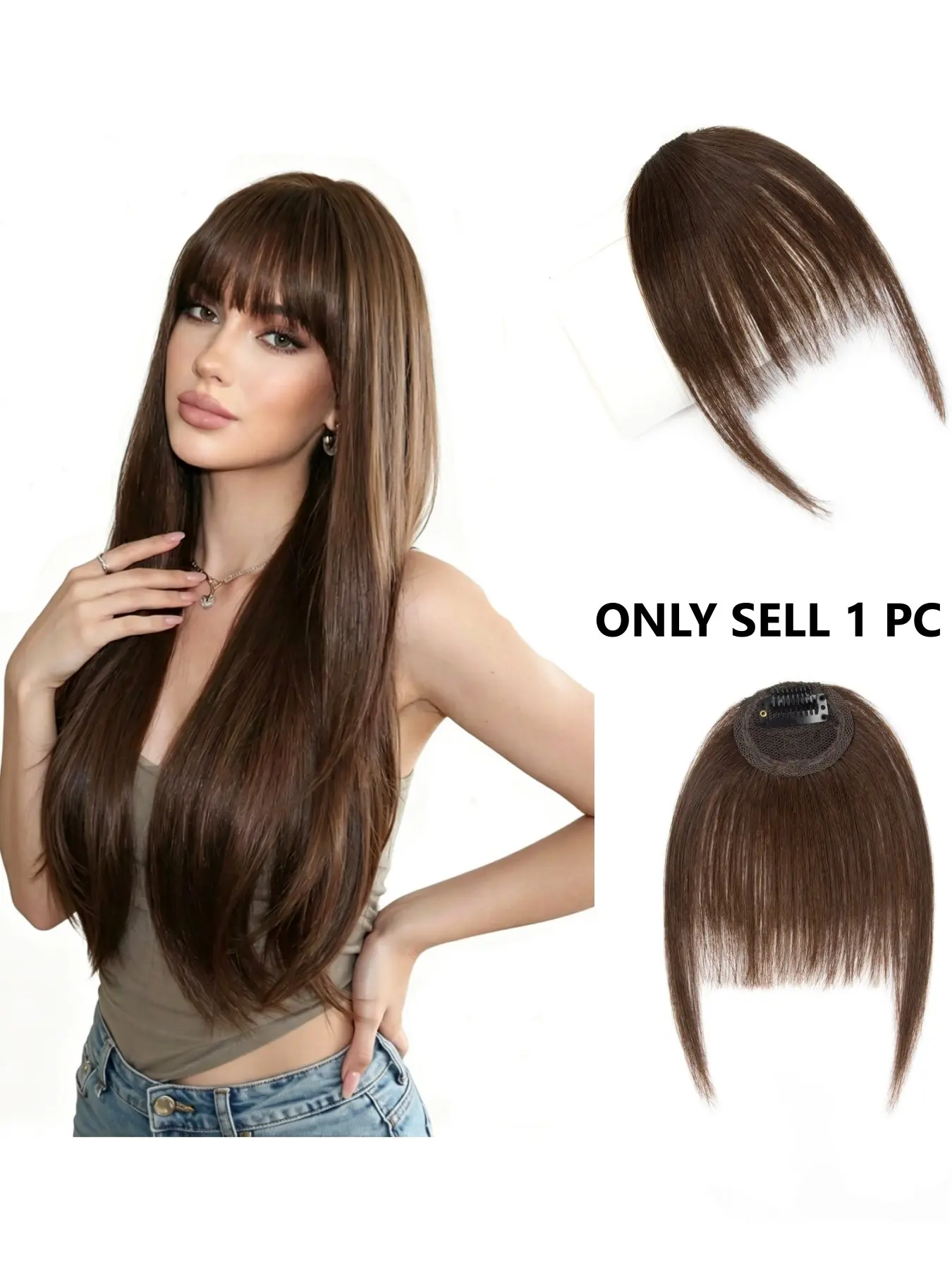 Real Human Hair French Bang Clip-In Wig, Dark Lightweight Airy Bangs, Single Piece Clip-On Side Swept Bangs, Natural Look for Daily Use