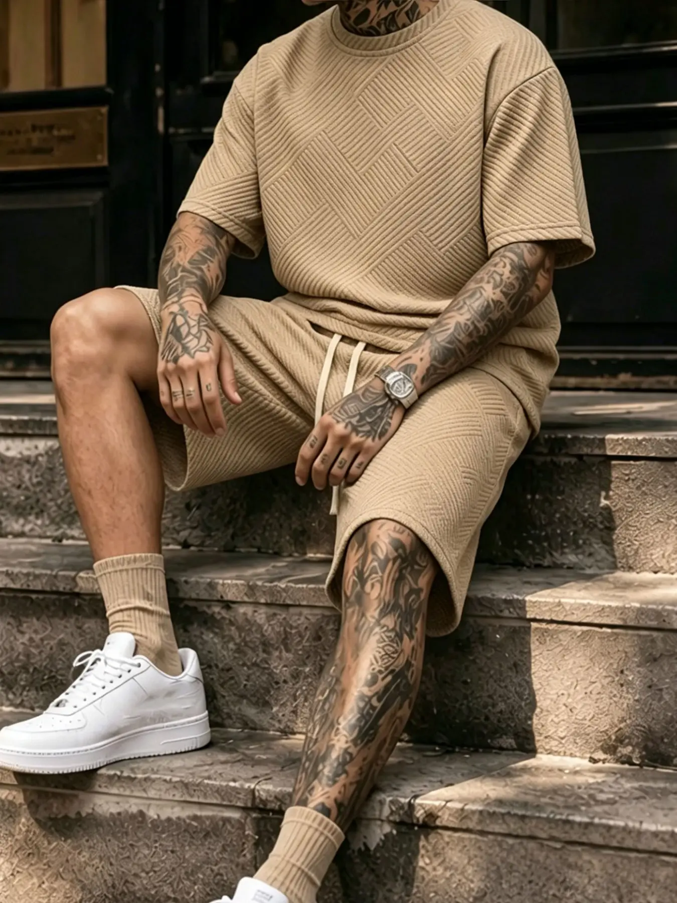 Men 2 Piece Crew Neck Short Sleeve Tee and Drawstring Shorts, Casual Matching Set, Daily Wear Streetwear Tracksuit Menswear