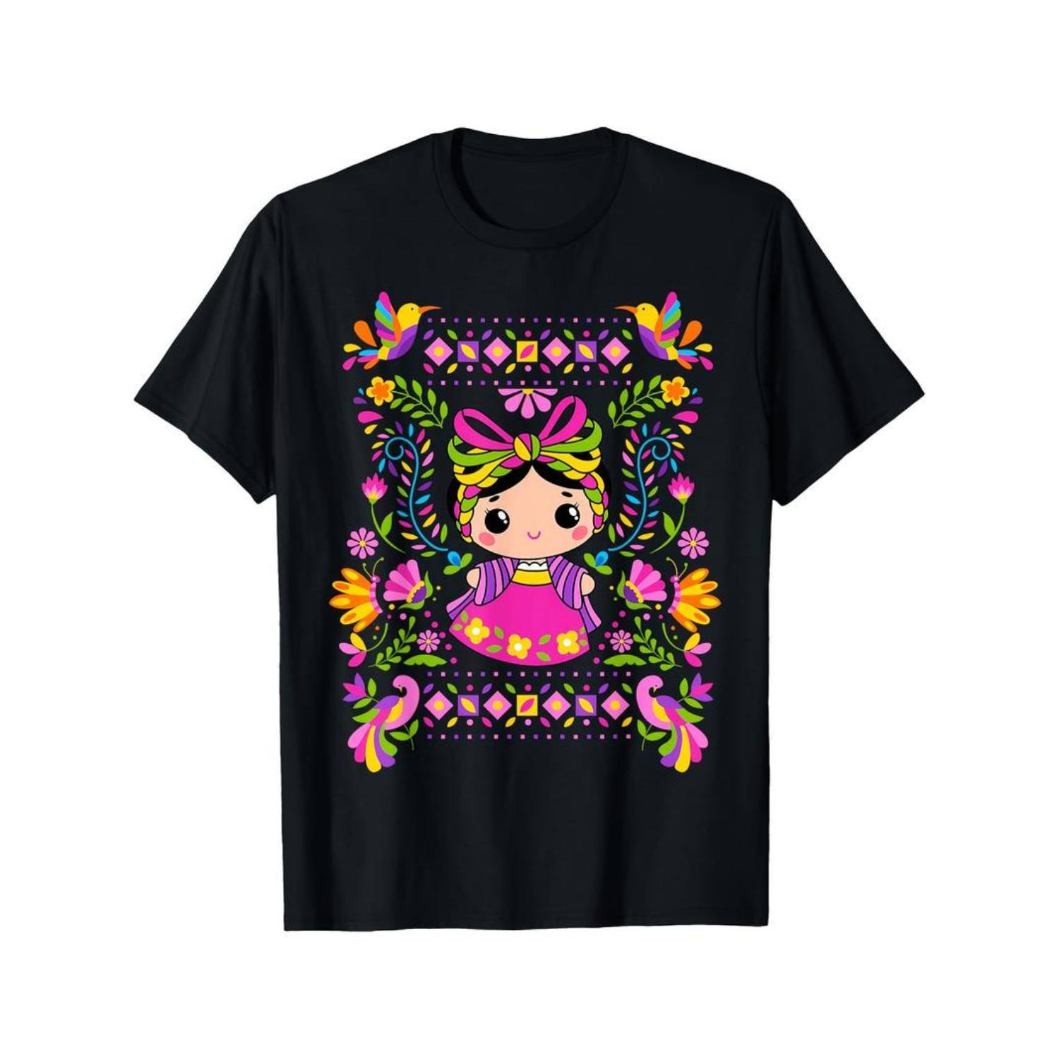 Women's bright-colored Mexican mariposa flower pattern Lele Maria T-shirt, featuring cartoon folk art designs, short-sleeved cotton, casual and comfortable, machine washable, black base with colorful floral patterns Women's bright-colored Mexican mariposa flower pattern Lele Maria T-shirt, featuring cartoon folk art designs, short-sleeved cotton, casual and comfortable, machine washable, black base with colorful floral patterns