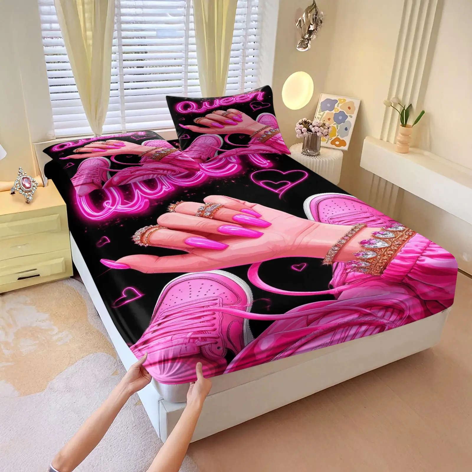 Hand and Sneaker Pattern Fitted Sheet Set, 3Pcs Digital Print Bedding Set, All-Round Deep Pocket Fitted Sheet, Machine Washable, Pink Y2K Glam Aesthetic Bed Linens for Women Teen Bedroom Decor. 2 Pillowcase, No Filling