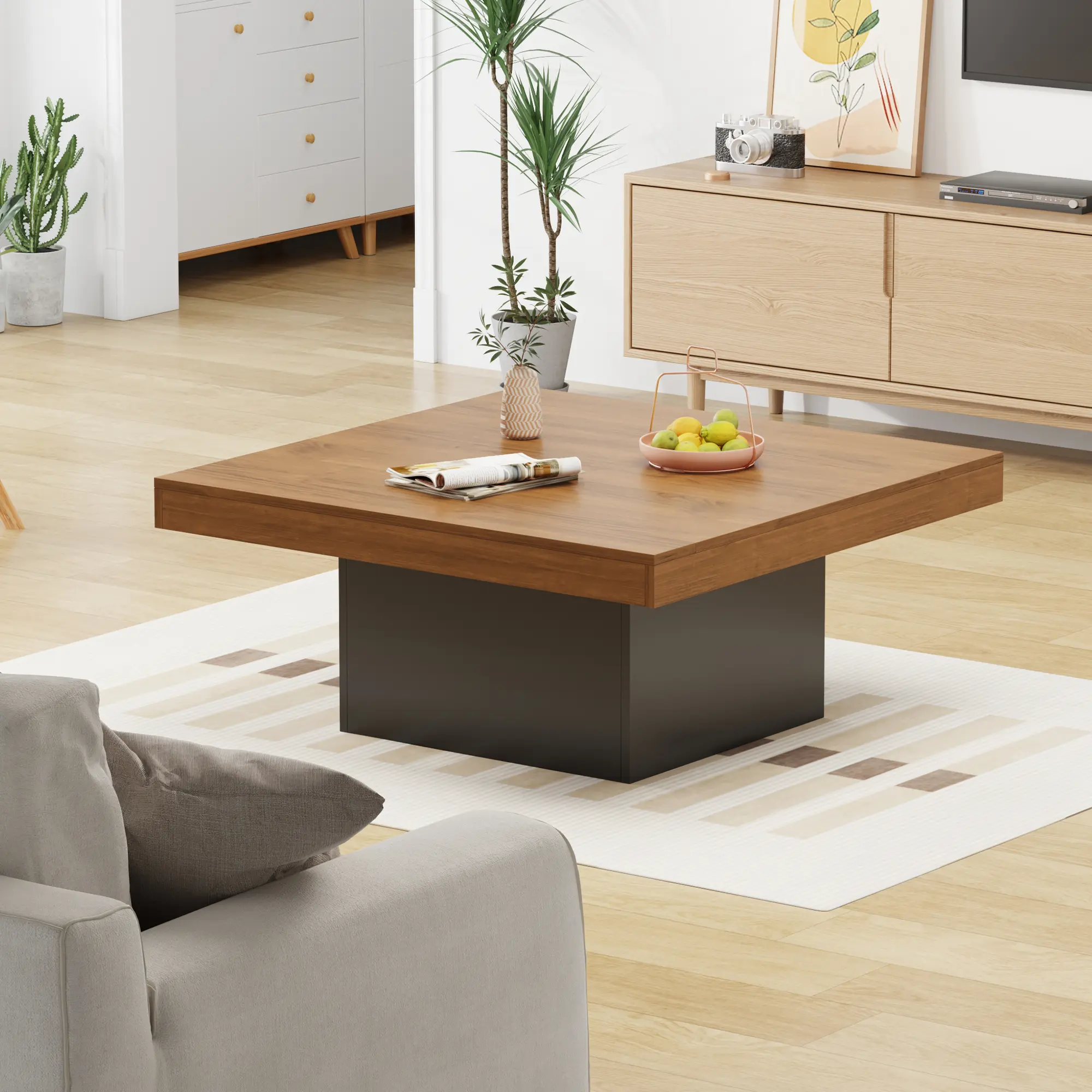 Modern 16-Color LED Coffee Table – Square Center Table with Plug-in Lighting – Mid-Century Accent for Living Room, Office, or Apartment – Easy Assembly