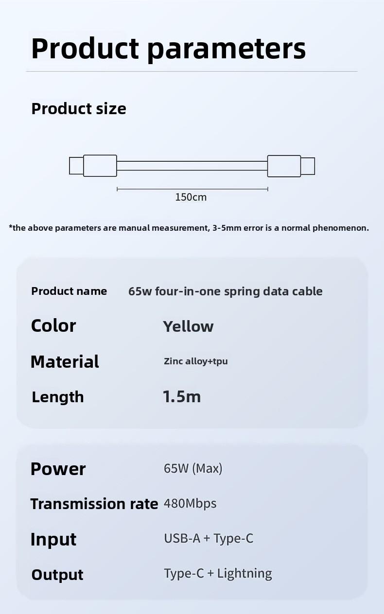 Super fast charging spring cable, 1.5m retractable 100W four-in-one data cable, car charging cable