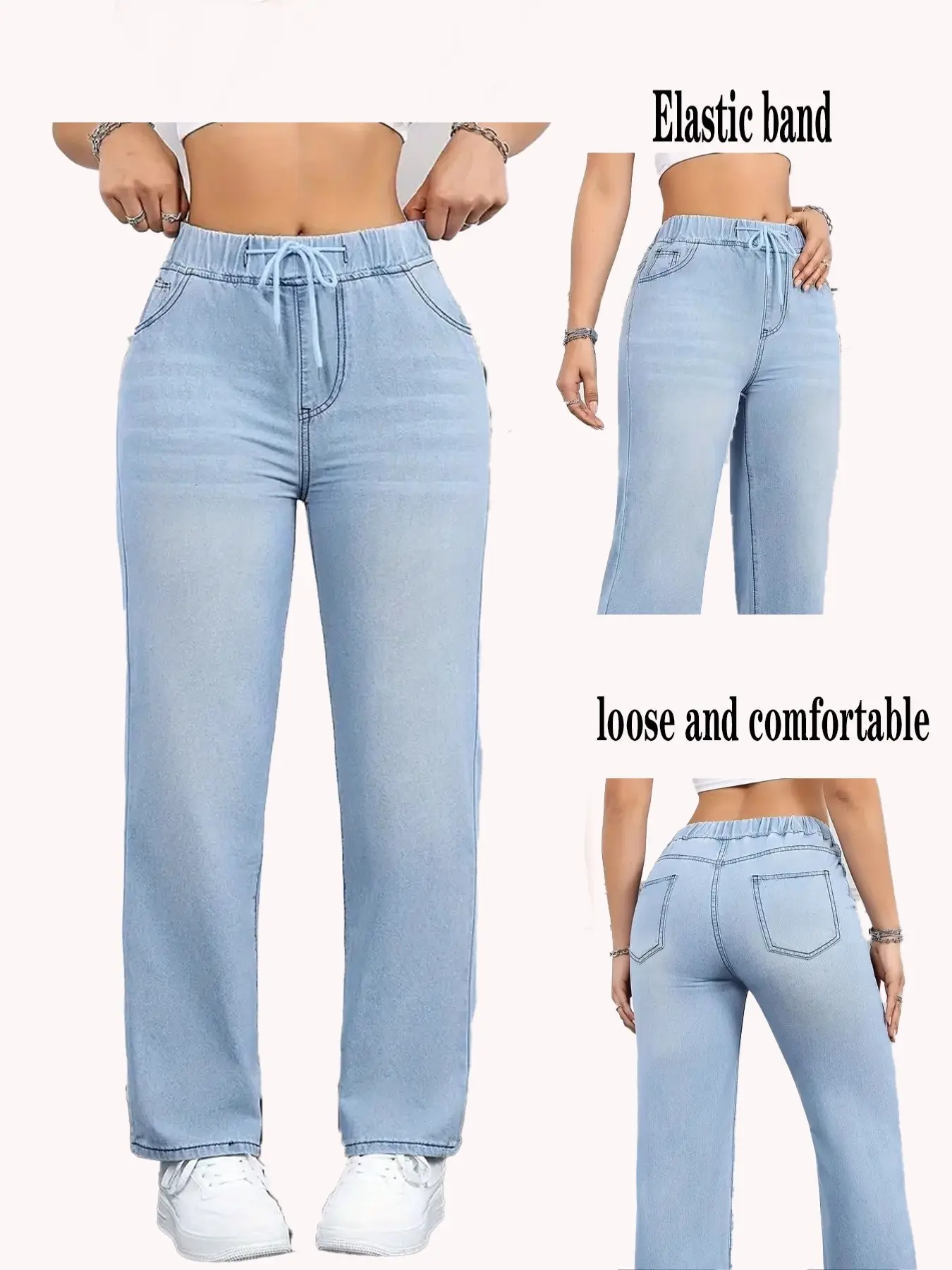 Women's Elastic Waist Drawstring Light Wash Denim Jeans, Loose-Fitting Casual Pants, Solid Pattern, Long/regular Length, All Seasons, Elegant Style