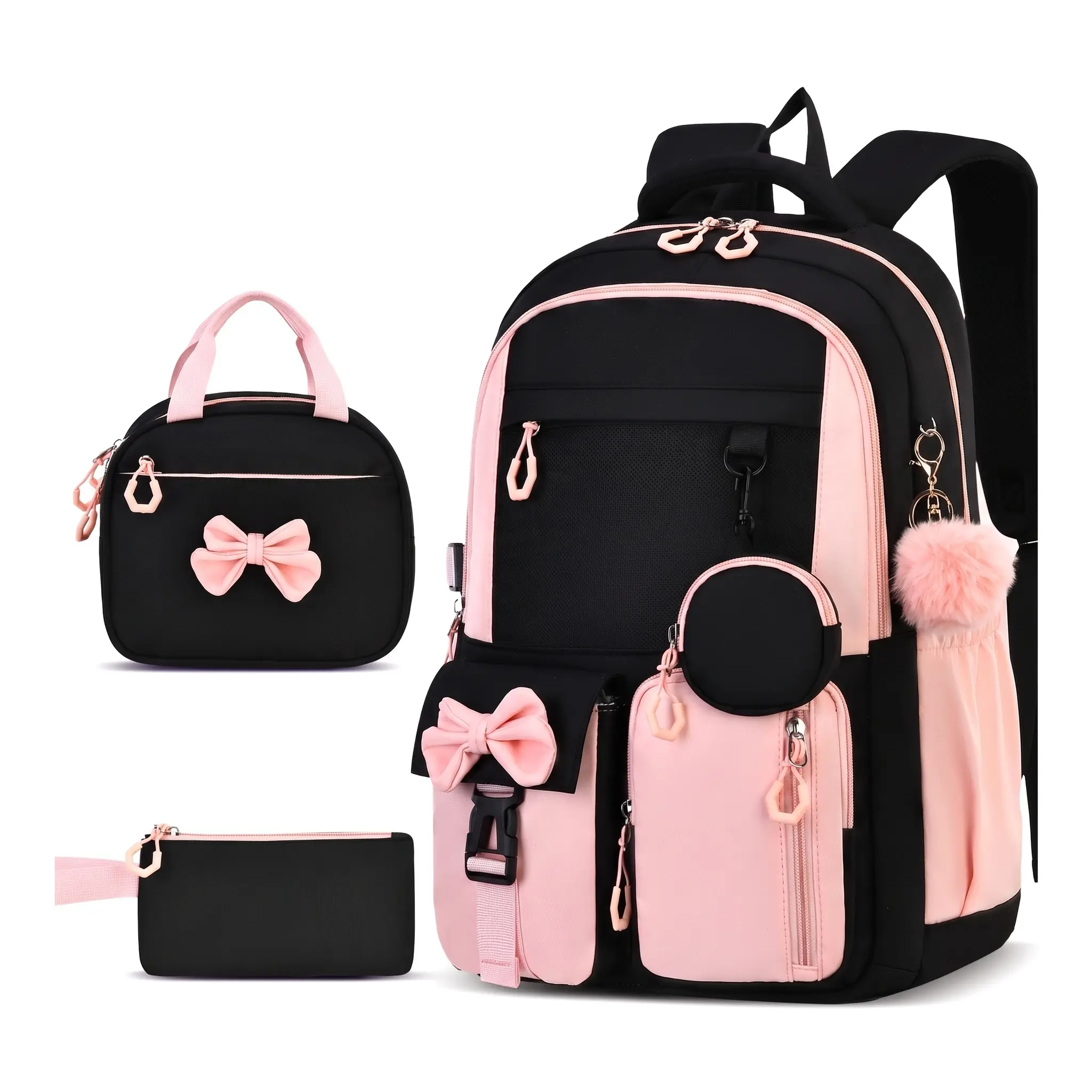 Unisex Nylon School Backpack Set - Teens Middle School Use, Casual Travel, Wear-Resistant, Cushioned Straps, Solid Color Stitching (3-Piece )