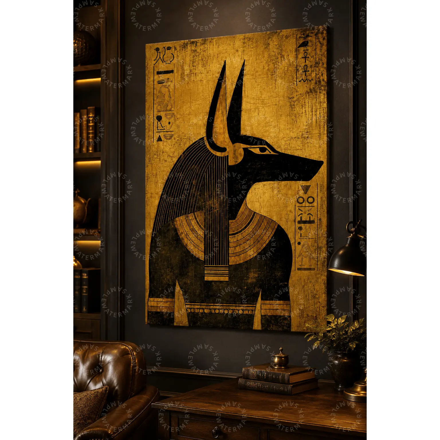 Vintage Gold Anubis Egyptian Hieroglyph Canvas Print, Ancient Egypt Mythology Wall Art Poster, Dark Academia Gothic Decor, Living Room Study Office Gaming Room Decor, History Lover Gift
