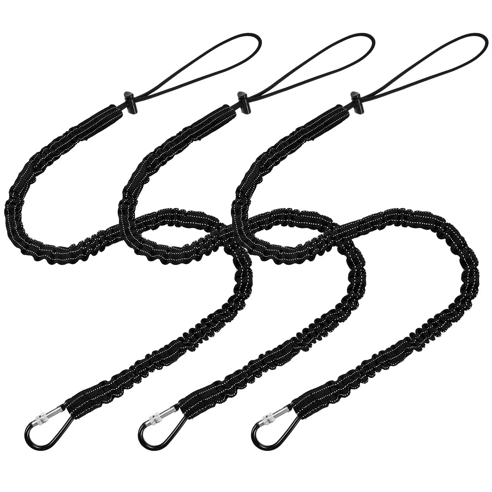 3-piece tool lanyard set, featuring an aluminum screw-lock buckle, retractable elastic cord, and a sturdy, adjustable lanyard; designed for construction safety harnesses to prevent falls; black lanyard.