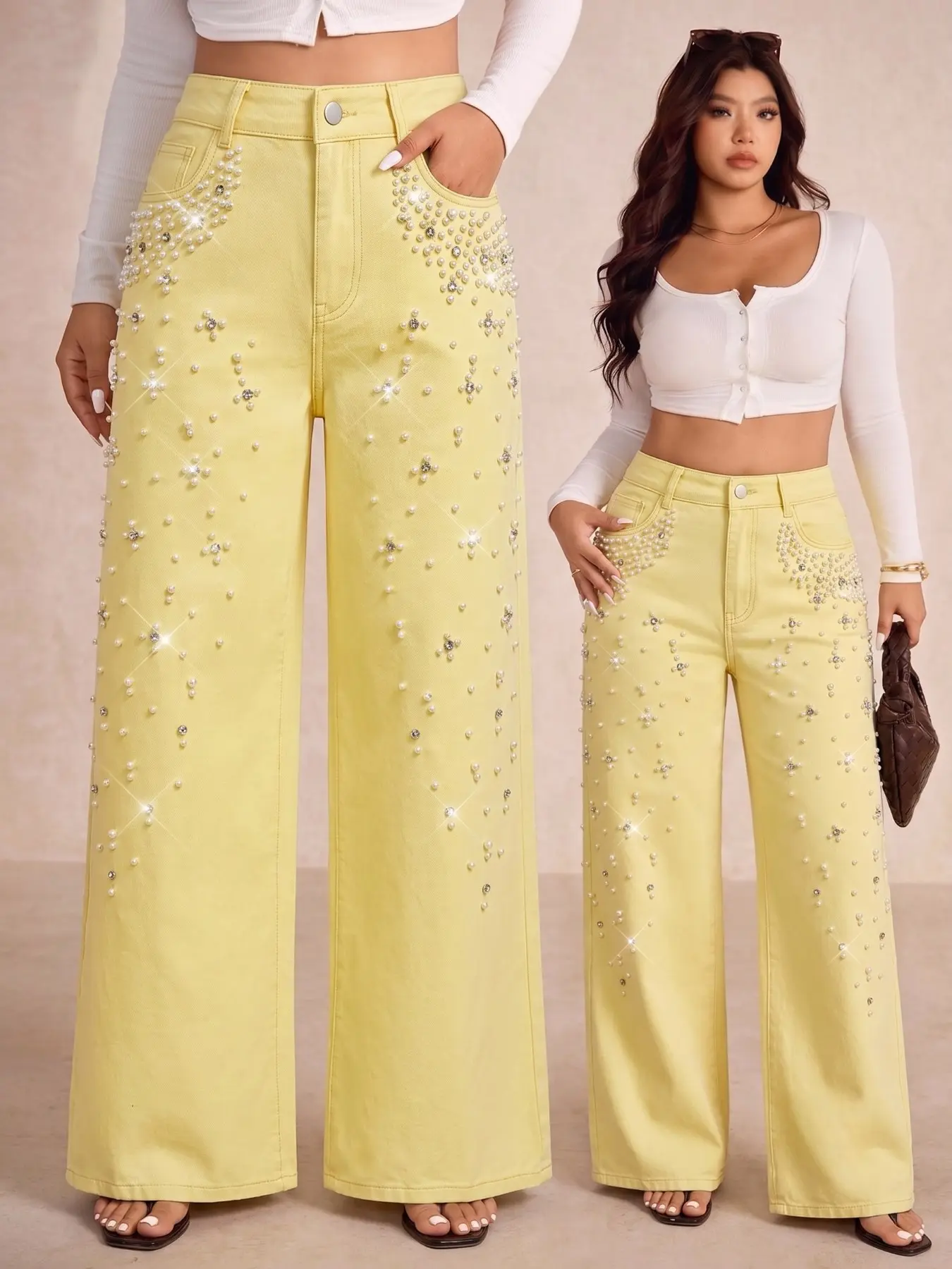 Plus Size Fashion Rhinestone Embellished Wide Leg Jeans, High Waist Loose Fit Denim Jeans, Casual Button Fly Long Jeans for All Seasons