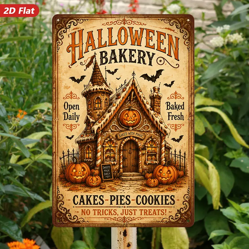 2D Flat, 1pc Halloween Bakery Metal Sign Wall Art, Home Decor, Perfect for Workspace Bedroom Garden, Gingerbread House, Jack O Lanterns, Flying Bats, Botanical Vintage Style, Safe Rounded Corners, Easy-Hang, 4 Pin Holes, Weatherproof Durable.