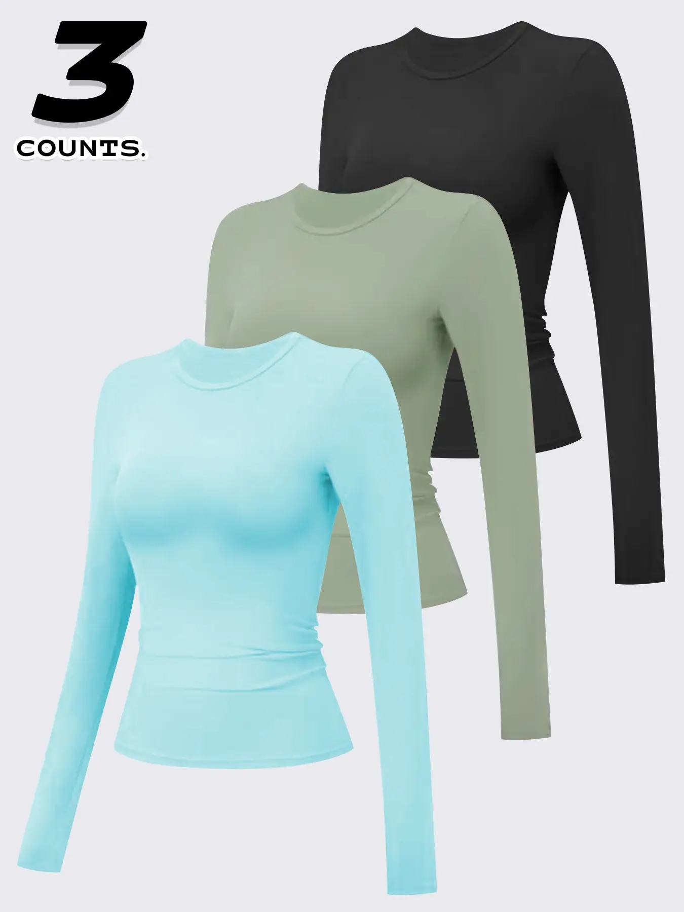 3-Pack Women's Casual Sportswear Long Sleeve, Breathable Comfort Sports Tops, Plain Round Neck, Ideal for Running, Daily Wear, Home, Shopping
