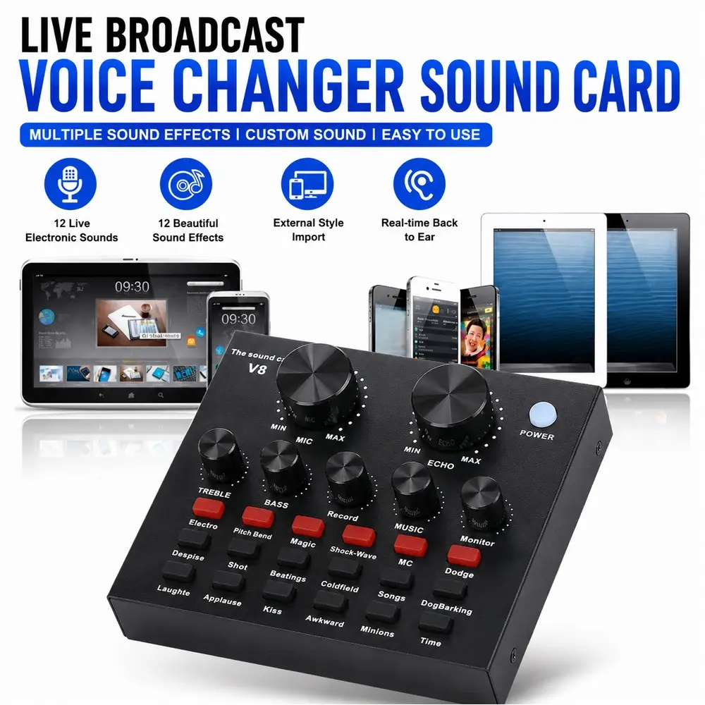 V8 Live Streaming Sound Card, Voice Changer Audio Interface with 12 Sound Effects, Podcast Mixer for TikTok, YouTube, PC & Mobile