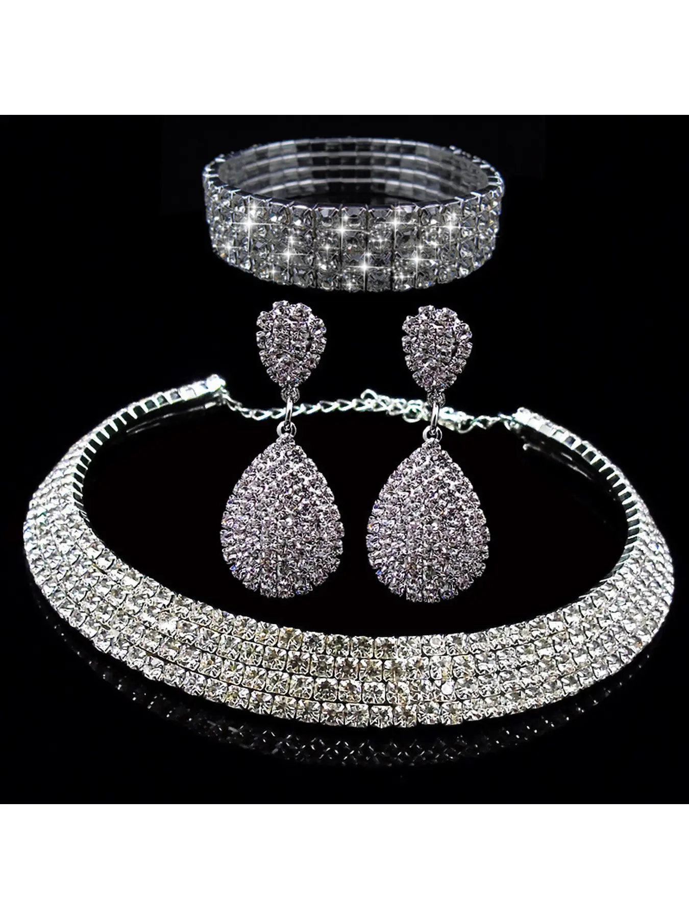 Silver Rhinestone Choker Jewelry Set - 3 Piece Wedding Bracelet Teardrop Earrings for Women