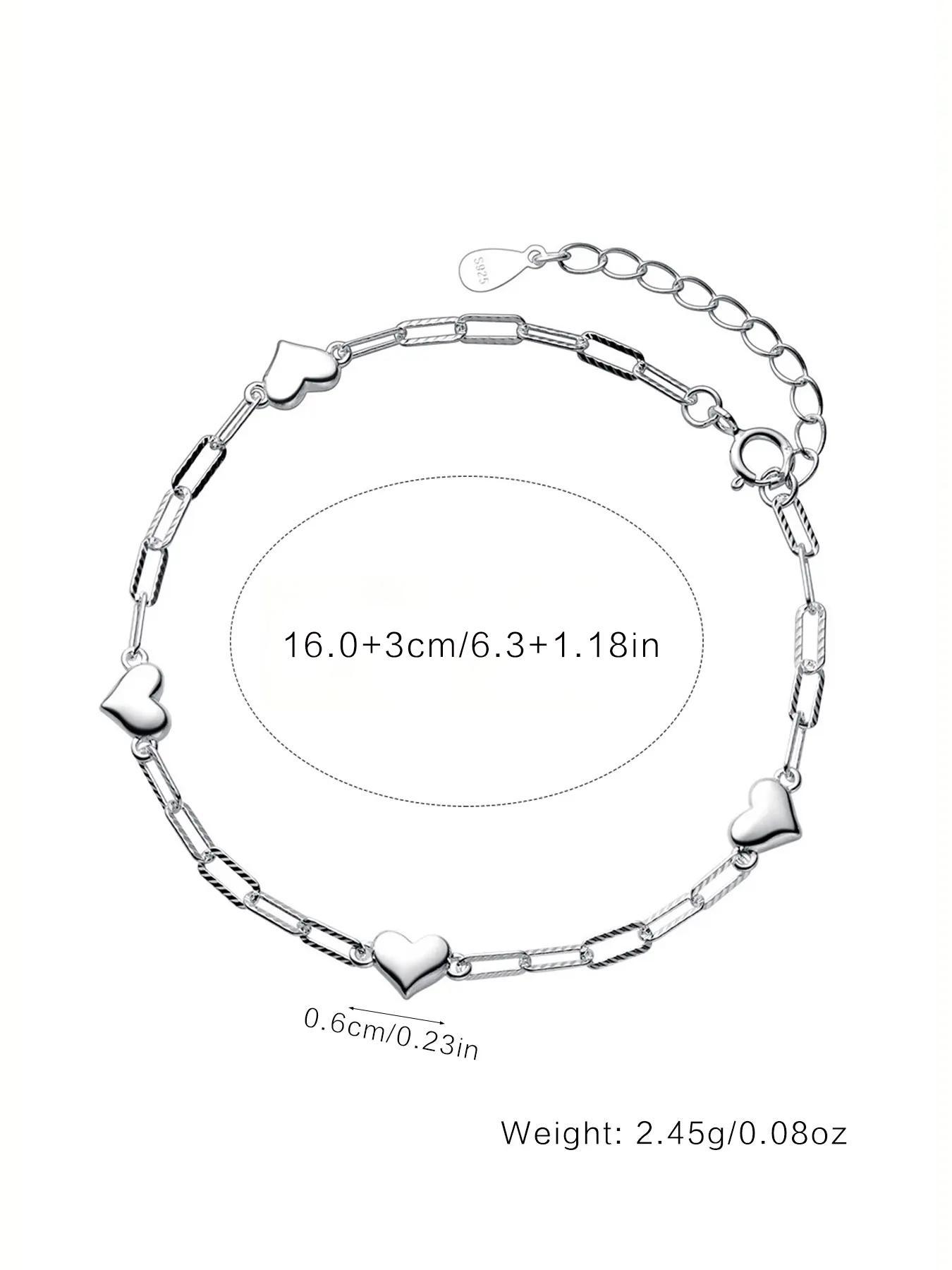 S925 Sterling Silver Simple Heart Design Chain Bracelet, Valentine's Gifts for Her, Silver Jewelry, Fashion Jewelry for Party, Daily Decor, Trendy All-match & Exquisite Jewelry for Birthday Gift, Gift Ready, Heart Shaped Bracelet, Heart Charm Bracelet