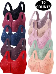 10-Pack Lightweight Floral Wireless Everyday Bras, Comfortable Breathable Push-Up Underwire-Free, Elderly-Friendly Front Buckle Design, All-Season Wear