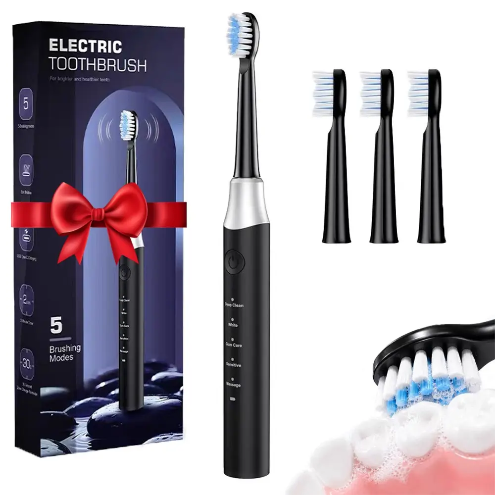 Rechargeable Sonic Electric Toothbrush with 4 Brush Heads, 5 Modes Deep Cleaning for Sensitive Teeth, Waterproof Teeth Cleaner with Smart Timer & 60 Days Battery life for Home Travel Cleansing