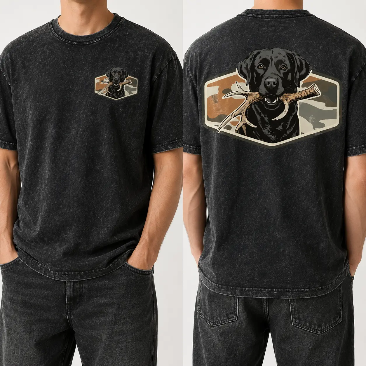 Black Lab Antler Camo Graphic Tee – Vintage Mineral Washed Oversized Hunting T-Shirt, Southern Country Streetwear
