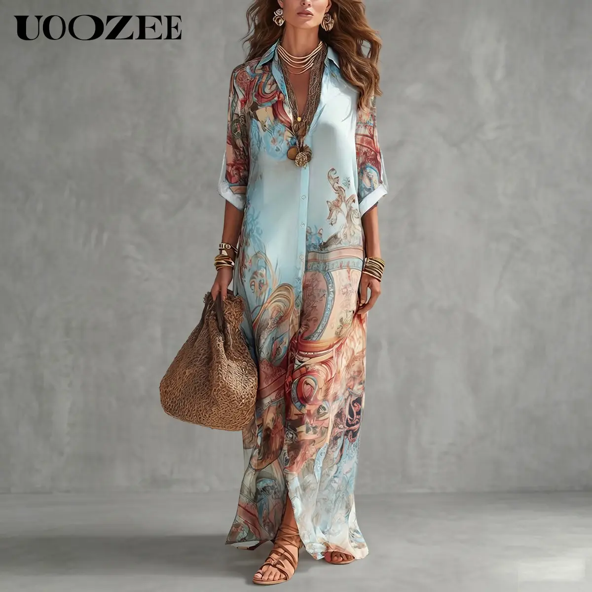 UOOZEE Women's Vintage Baroque Art Print Loose Shirt Maxi Dress, Roll Tab 3/4 Sleeve Button Front Flowy Long Gown With Side Pockets, Polyester Lightweight Vacation Dress For Spring Summer Fall, Size Down 1 For Slim Petite Figures, Floor Length