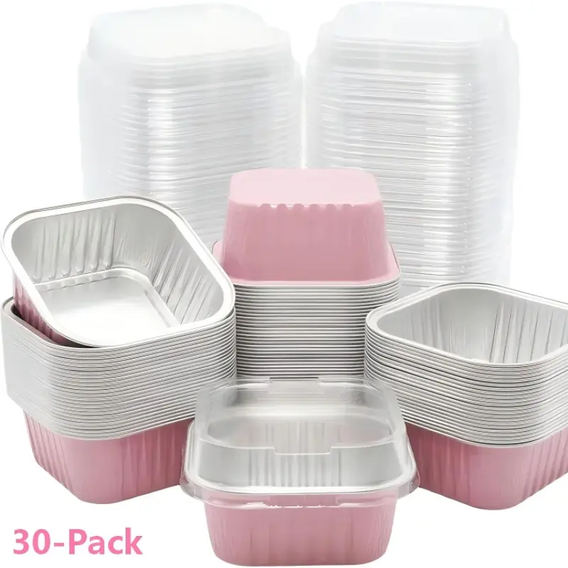 30-Pack Pink Square Mini Aluminum Foil Cake Pans (5oz/150ml) with Plastic Lids, Individual Baking Cups & Dessert Containers, Kitchen Bakeware Baking Dish with Lid for Sales Parties, Picnics