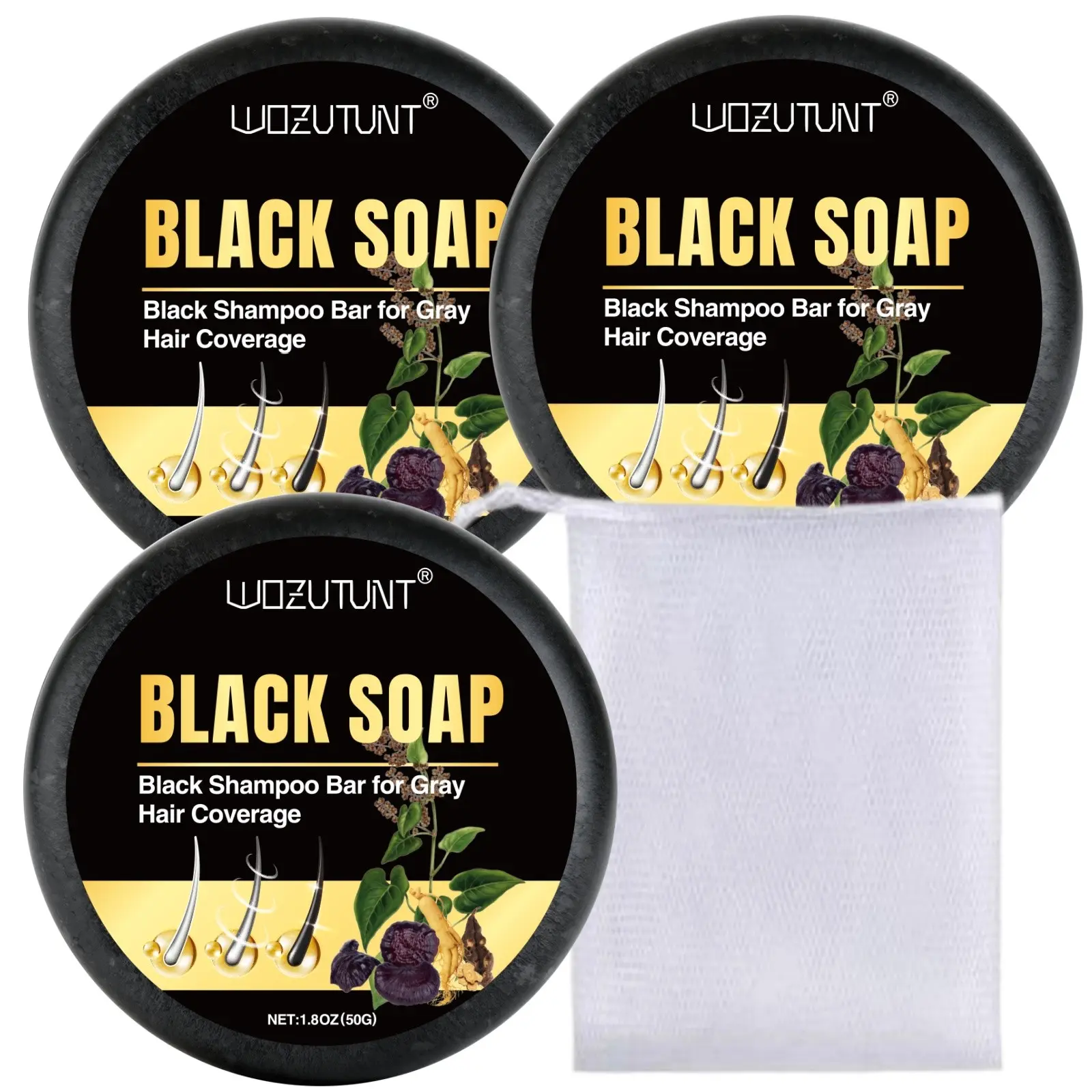 3pcs Hair Shampoo Bars, Natural Ginseng & Hemp Seed, Gradually Turns to, Deep Cleansing, Nourishes Scalp, Repairs Damaged Hair