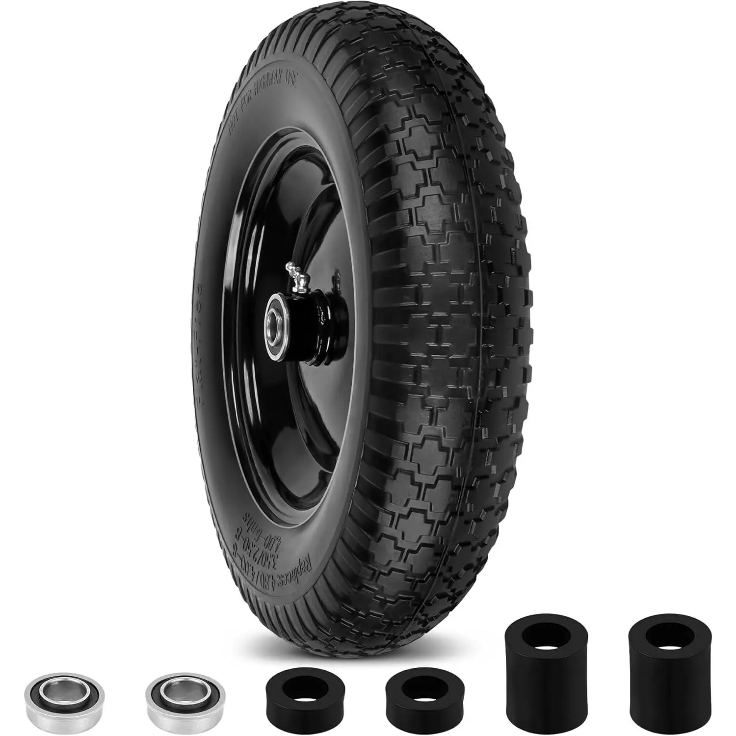 4.80/4.00-8" Flat Free Wheelbarrow Tires and Wheels, 14.5" Universal Fit Solid Tires with 5/8" or 3/4" Bearing, 3"-7" Hub, Adapter Kit Hand Truck Wheels Replacement for 3.50/2.50-8", 4.00-6" etc, 1 PCS
