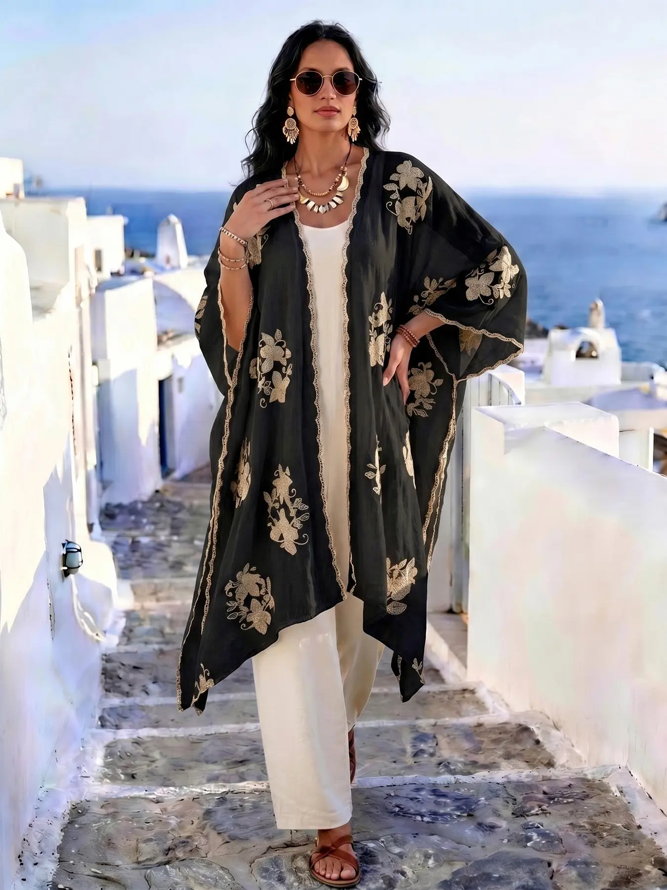 Elegant Chic Floral Embroidered Shawl, Loose Fit Conceals Belly, Versatile for All Seasons, Perfect for Beach, Commute, Dates, Women