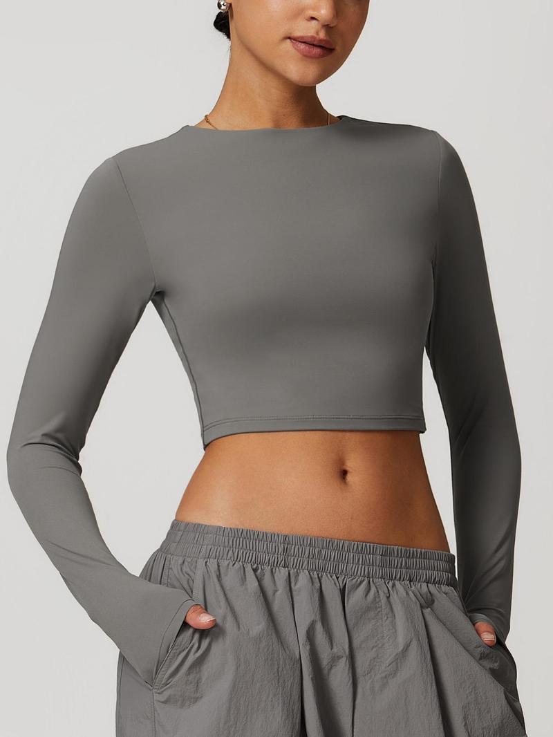 Women's Solid Long Sleeve Sports Tee, Casual Comfy Breathable T-shirt, Athletic Yoga Tops for Yoga Gym Workout Running, Ladies Sportswear for Spring & Fall