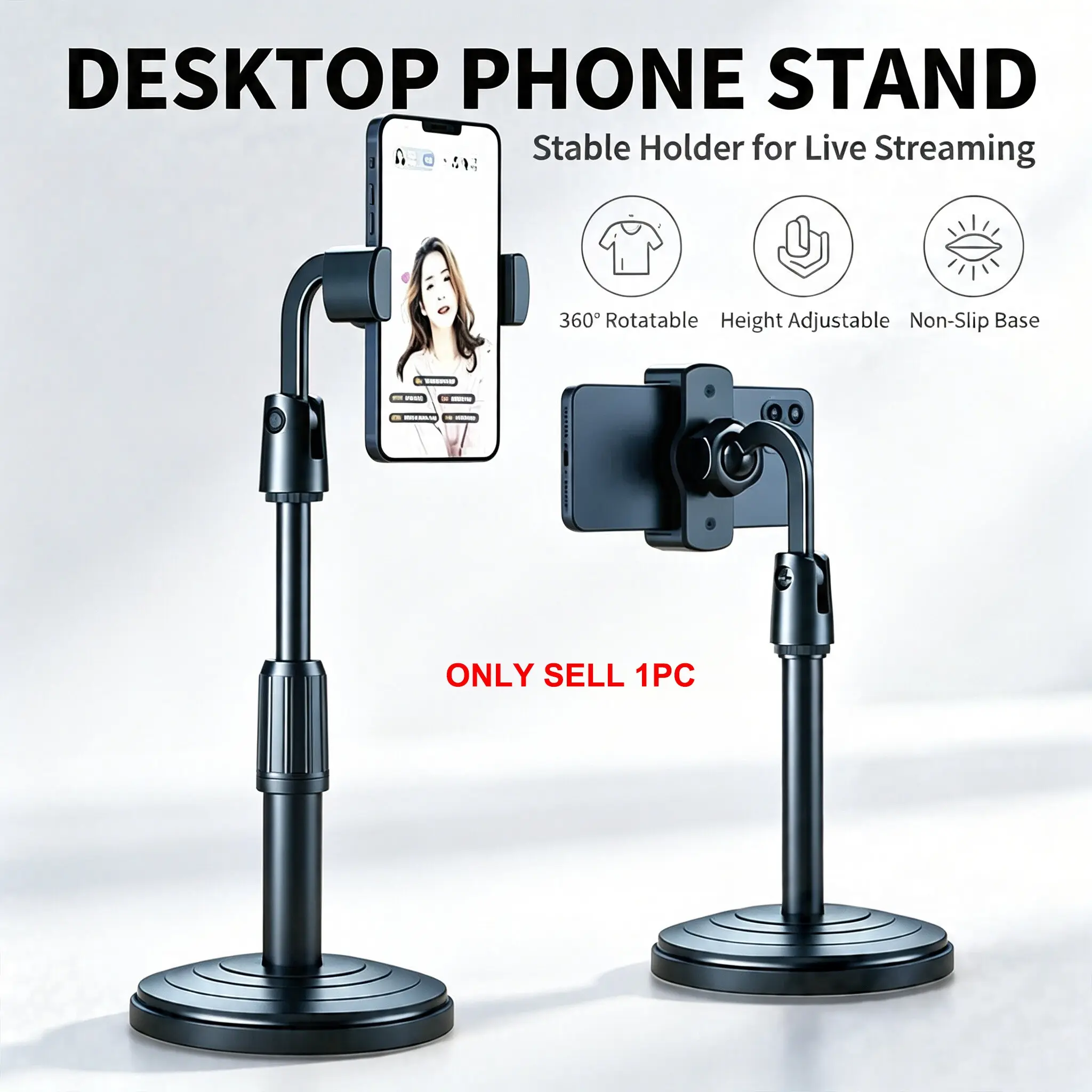 Cell Phone Stand Adjustable Height & Multi-Angle ABS, Durable Waterproof Phone Holder with Sturdy Tripod Base, Secure Stable Grip Phone Mount for iPhone Android, Video Watching Photography Gaming Calls Car Remote Work