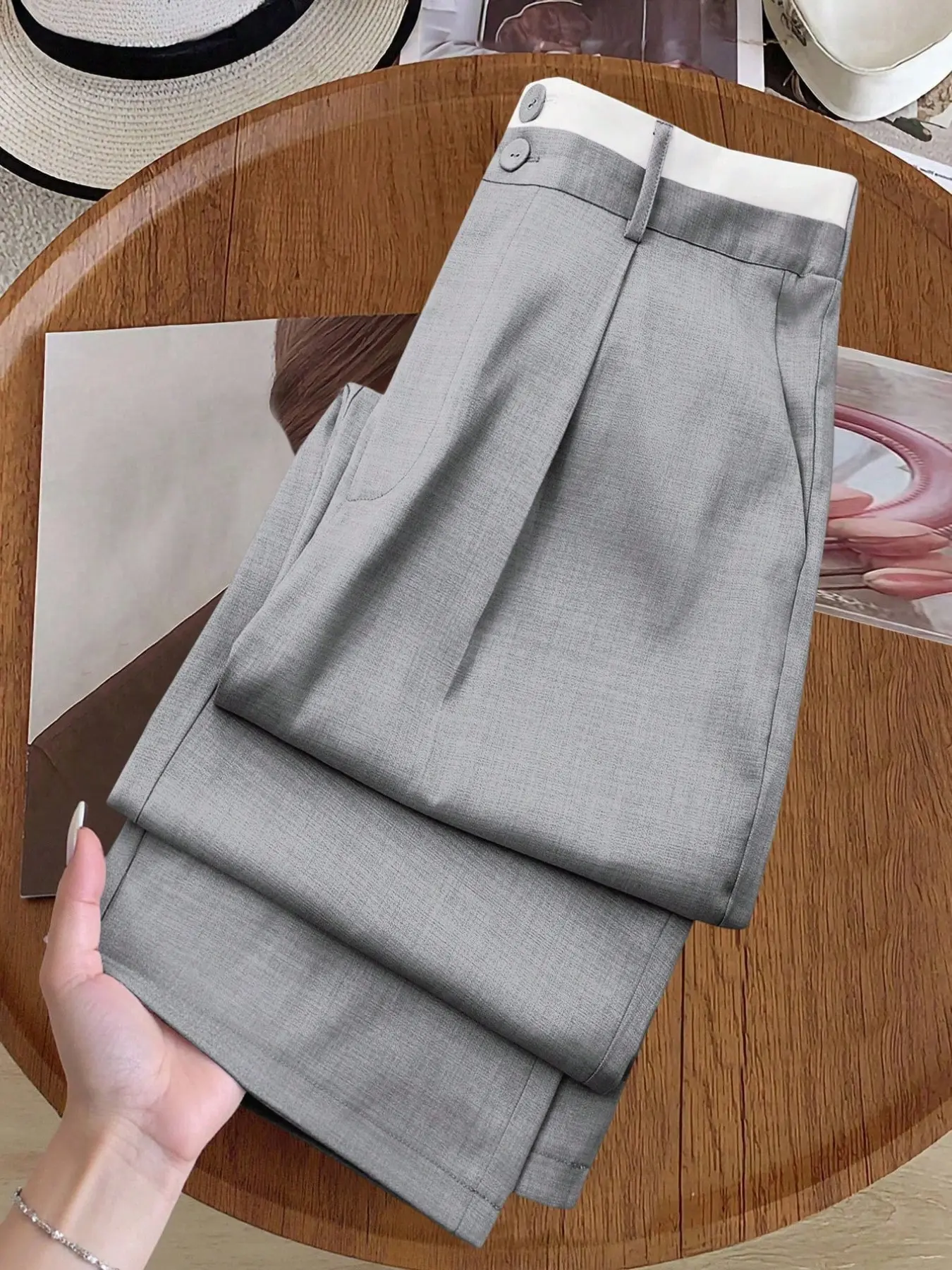 Women's Basic Simple Office Style Straight Leg Suit Button Pants, High Waist Slimming Wrinkle-Resistant Long Pants, Business Casual Wear