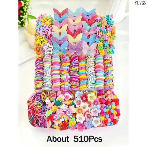 510-Pcs Pink Butterfly Princess Hair Styling Accessories Set - High-Elasticity Non-Damaging Hair Ties, Small Rubber Bands, Star Clips, Flower Claw Clips, Cute Ponytail Accessories for Everyday Hairstyles