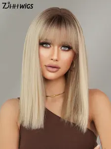 18 Inch Long Straight Rooted Color Wigs for Women, Gorgeous Fluffy Wigs with Blunt Bangs, Synthetic Full Machine Wigs for Party, Daily Use