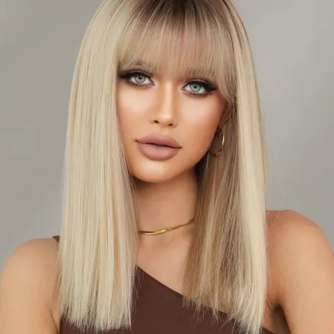 18 Inch Long Straight Rooted Color Hair Wig for Women, Gorgeous with Blunt Bangs, Synthetic Full Machine Wigs for Party, Daily Use, Hairstyle Wigs
