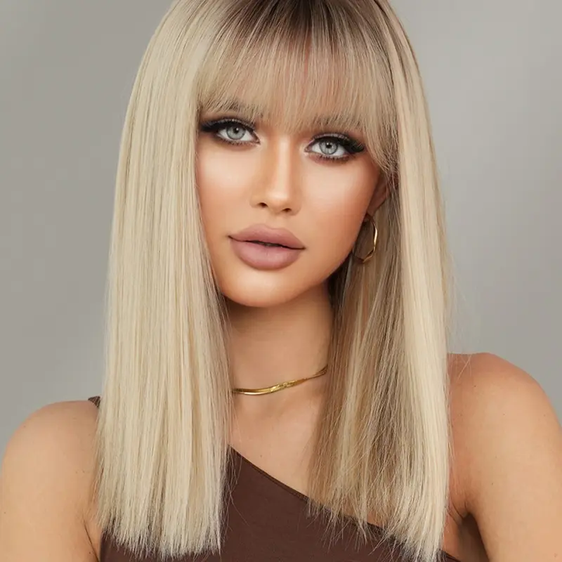 18 Inch Long Straight Rooted Color Hair Wig for Women, Gorgeous with Blunt Bangs, Synthetic Full Machine Wigs for Party, Daily Use, Hairstyle Wigs