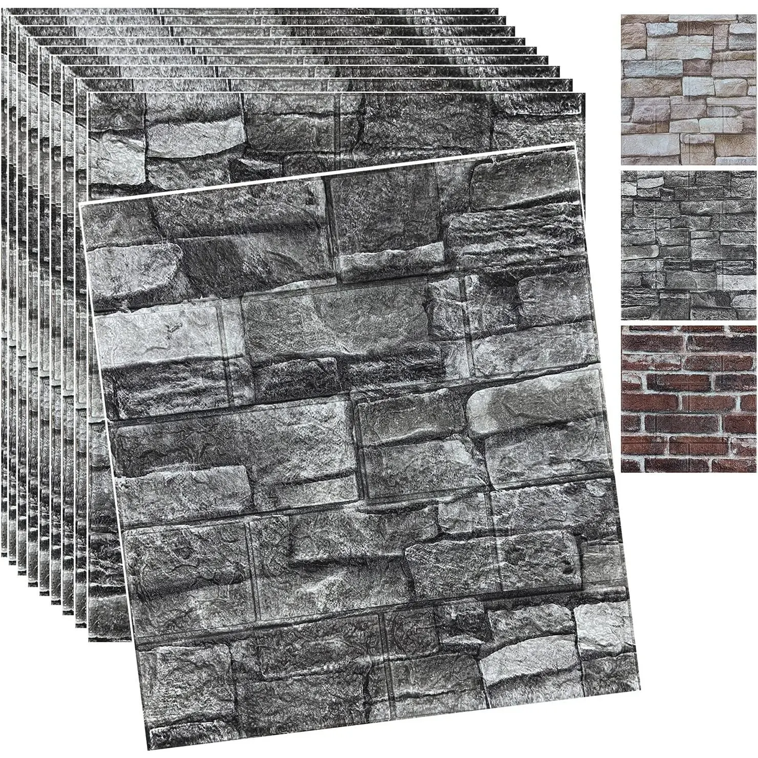 10 count  Wall Panels Peel and Stick  Brick Wallpaper Peel and Stick Faux Stone Wall Panel  Brick Self-Adhesive Wallpaper (Black,10pcs)
