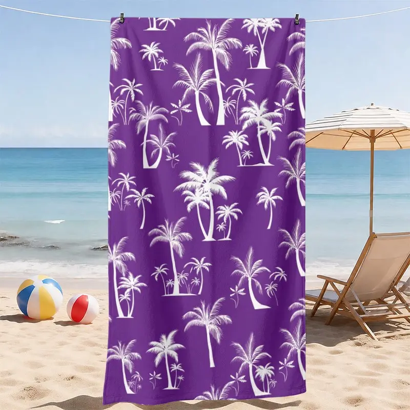 Tropical Palm Tree Beach Towel, Purple and White Island Print, Absorbent and Sand Resistant with Soft Lightweight Comfort, Super Absorbent, Vacation Vibes for Beach, Pool and Summer Vacation, Adults and Beach Lovers