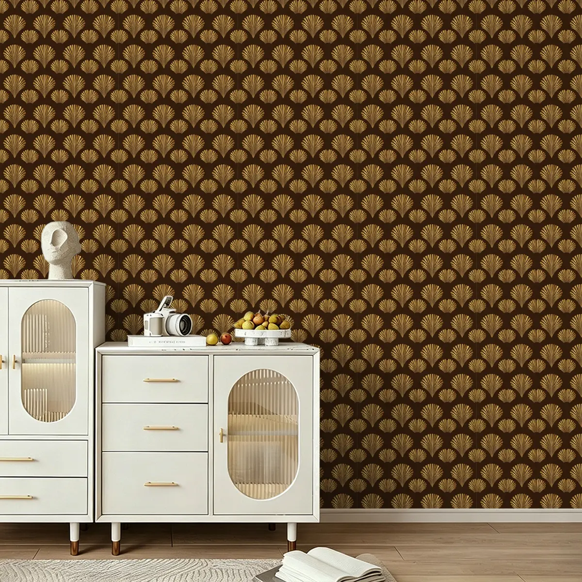 1 Roll Peel & Stick PVC Wallpaper,Classical golden leaf texture, Universal seamless wall sticker for home & commercial use, glue-free install, wear-resistant surface covers wall & cabinet flaws