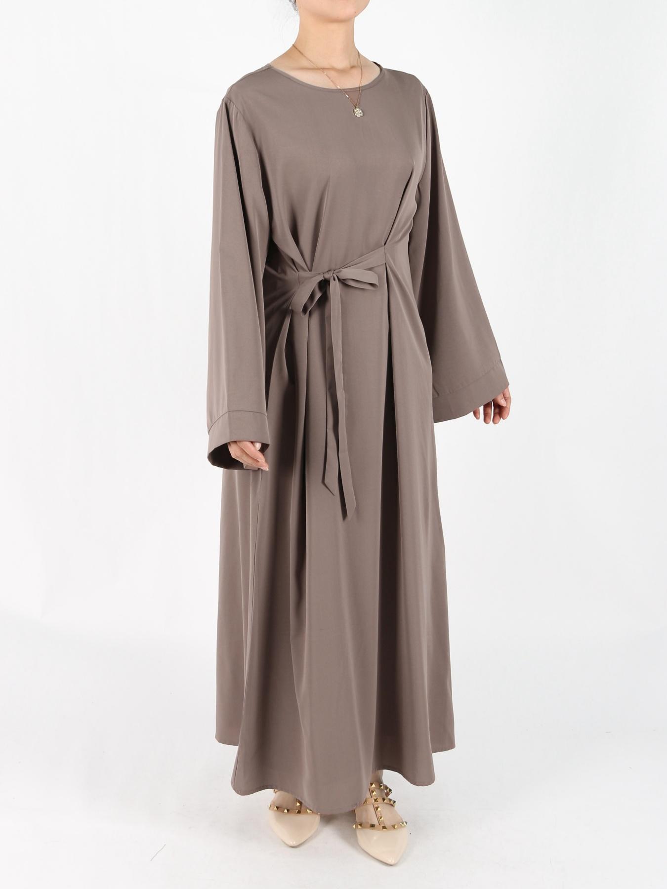 Women's Solid Belted Long Sleeve Kaftan Dress, Modest Round Neck Long Dress for Daily Wear, Casual Ladies Muslim Maxi Clothes for All Seasons, Modesty Muslim Clothing
