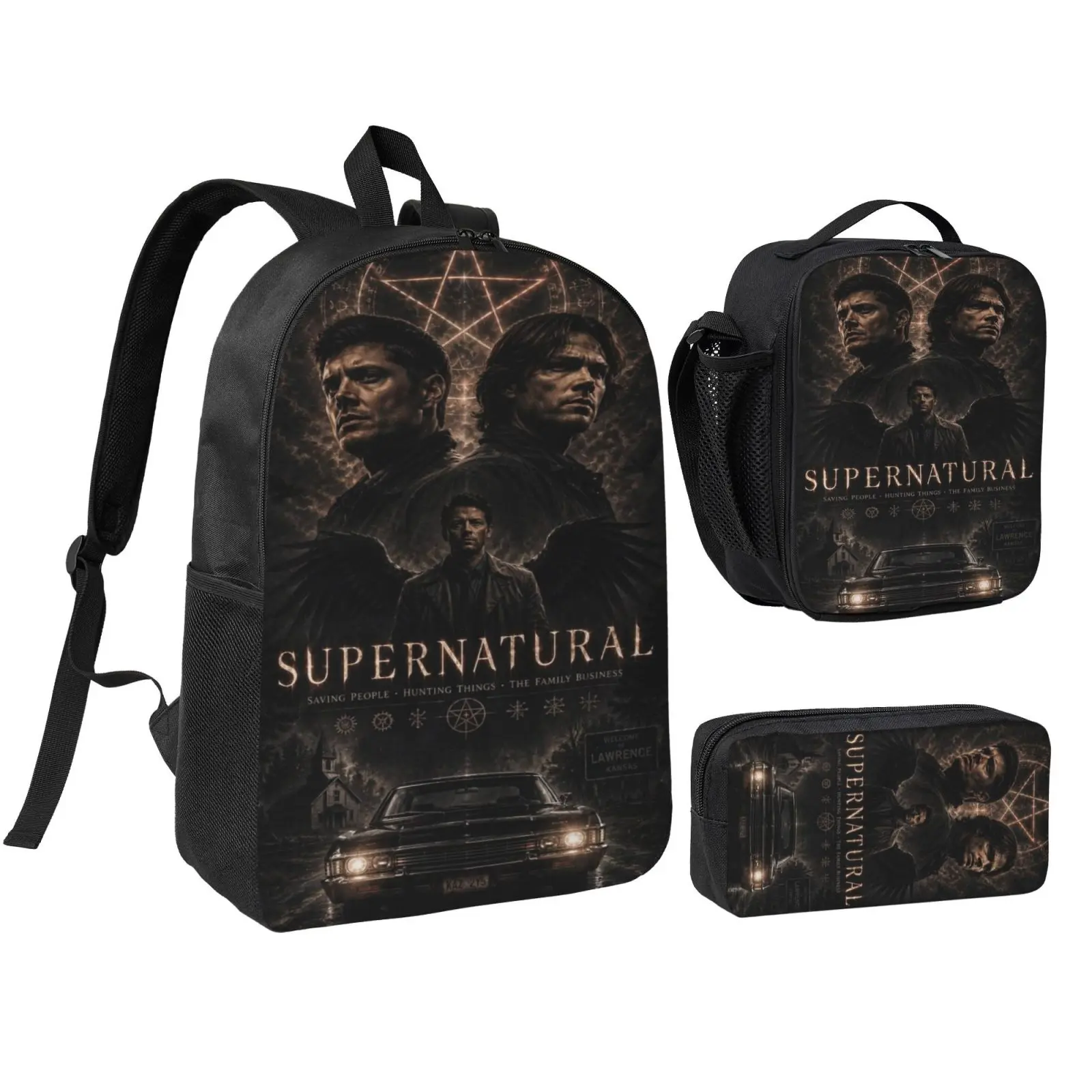 Anime Supernatural2 Kids School Bag Set, Teen Boys Girls Backpack with Adjustable Shoulder Straps, Multipurpose Bookbag with Lunch Box Pencil Bag for School Travel Office Daily Use, Foam, Zip, Christmas Gifts