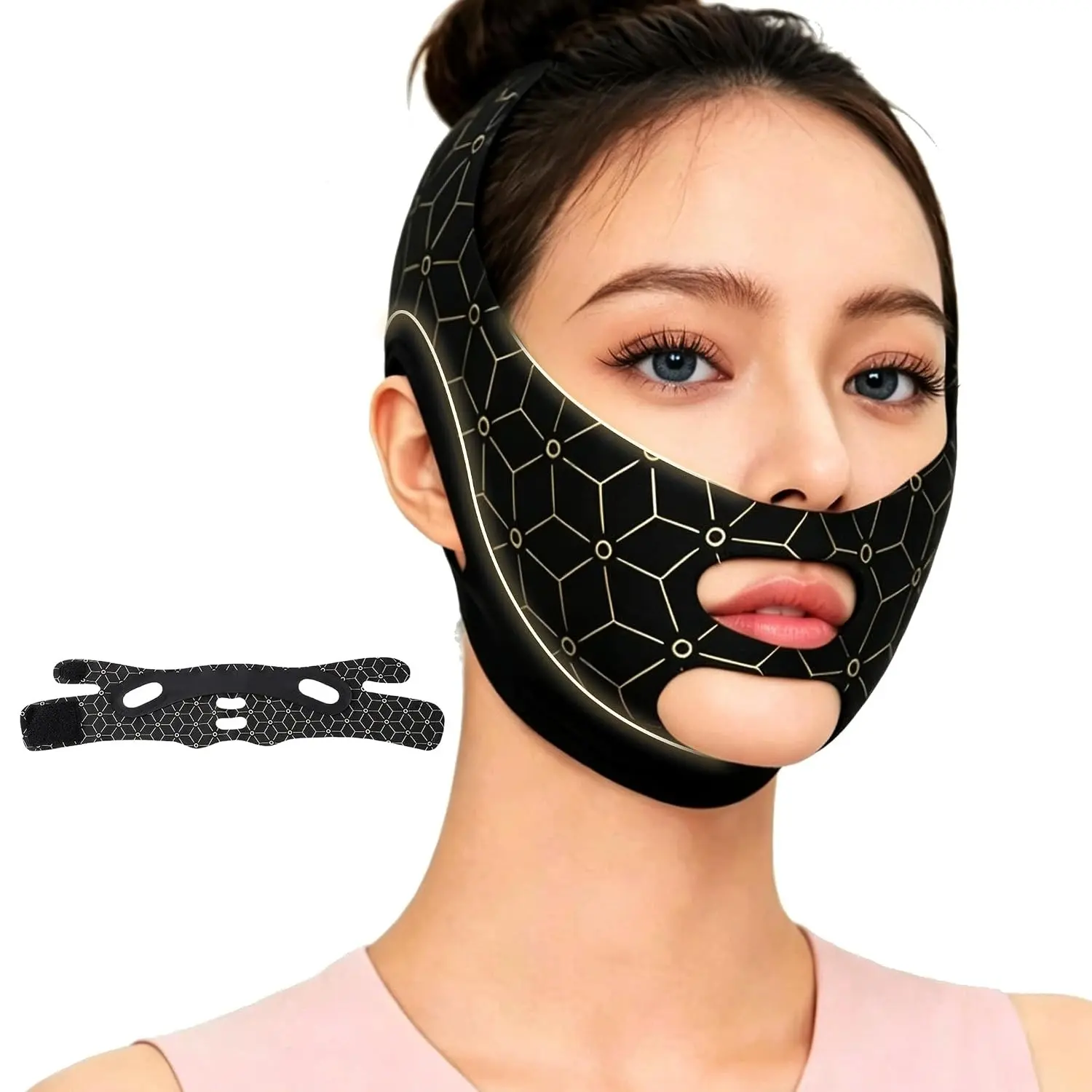 Double chin reducer adjustable facial shaping belt, facial lifting belt, mandibular shaping machine, reusable chin belt for men and women, V-shaped facial lifting mask, black