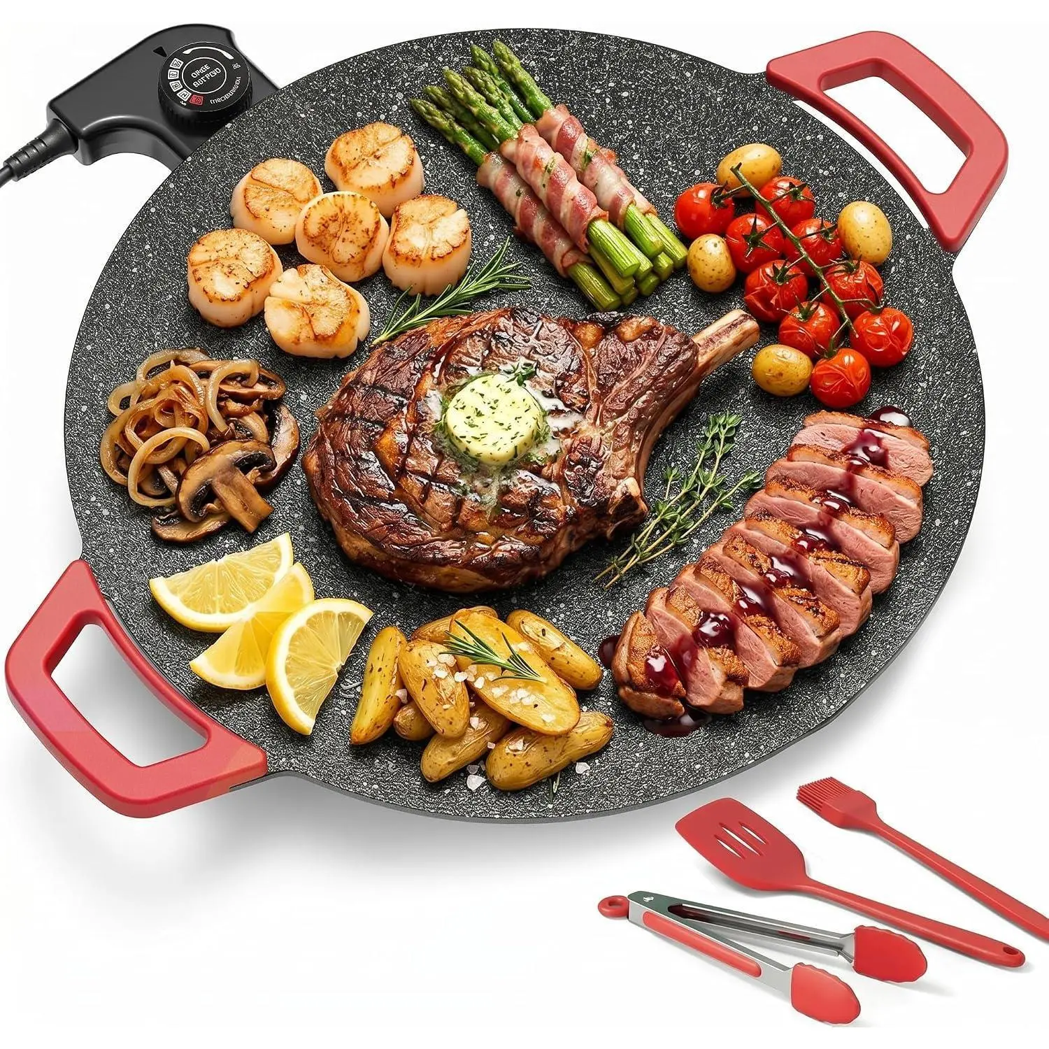 Electric Indoor Grill Nonstick, 14" Round Electric Griddle with Adjustable Temperature Control,for Pan Searing Steaks, Breakfast, BBQ & Family Meals, Bonus Spatula,Oil Brush & Food Tongs
