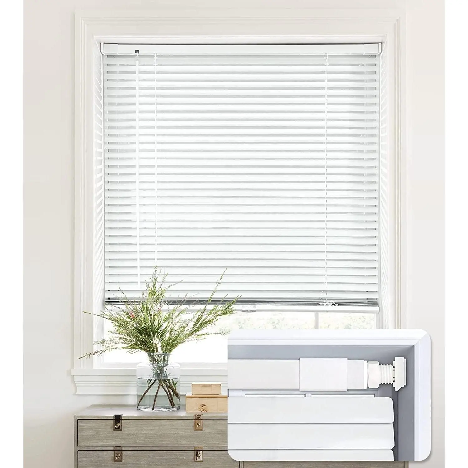 No Drill Cordless Aluminum Mini Blinds, 25'' W x 64'' H, White | No Drill Blinds, Horizontal Mini Blinds, Blinds for Indoor Windows