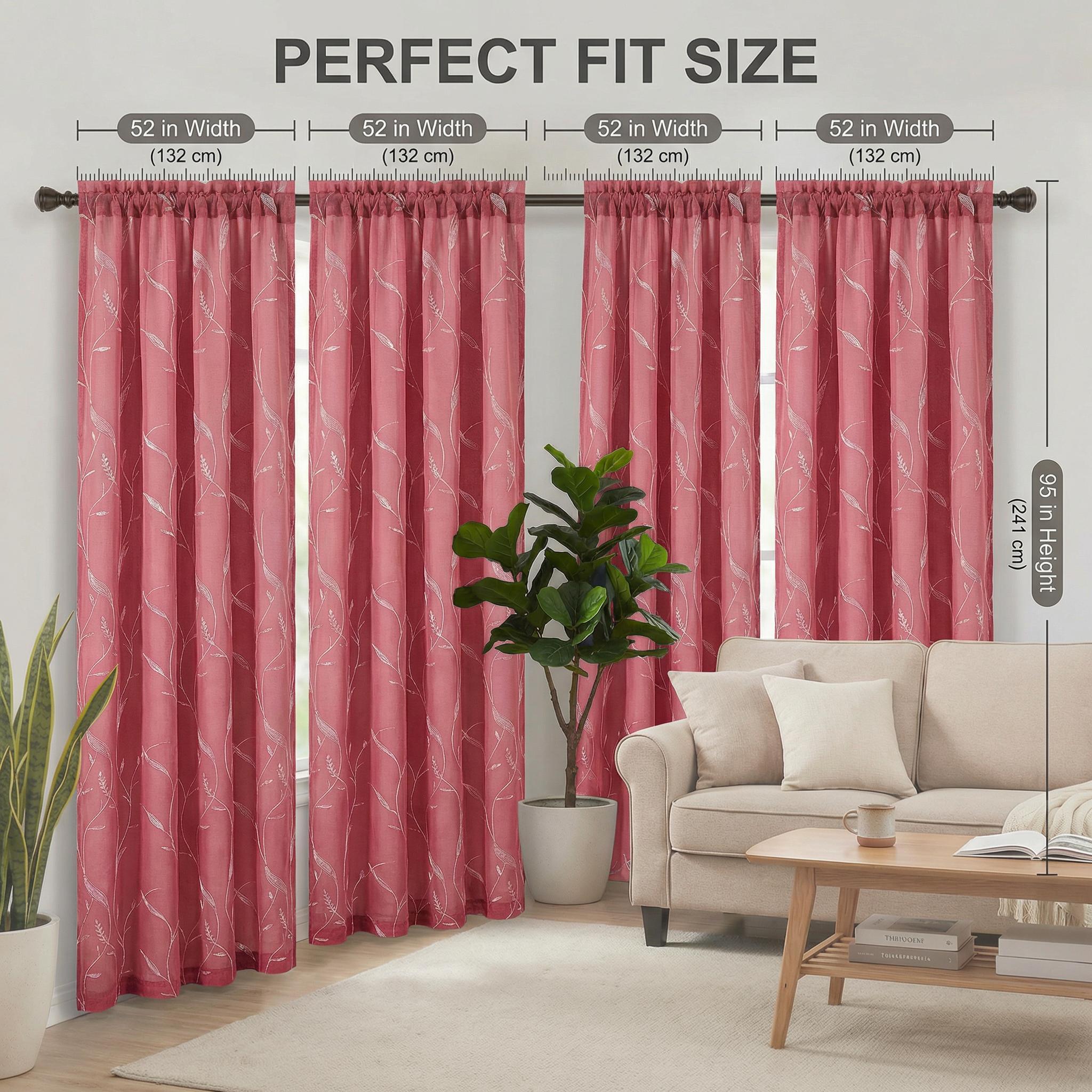 Window Wear 4 Panels 52x95inch Multi-layered sheer fabric embroidered curtains, with vine-shaped patterns, top featuring a rod attachment style. Lightweight, soft texture and good light Suitable for use in kitchens, bedrooms and living rooms L66