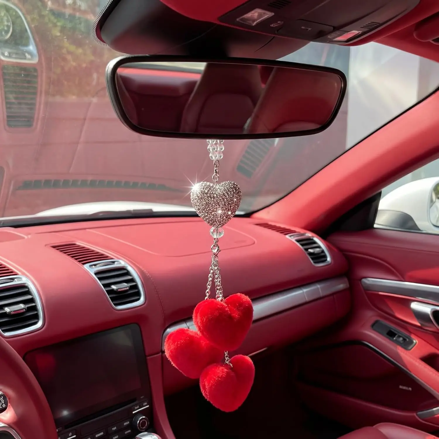 Red Bling Car Valentine Heart Rear View Mirror Accessories for Women Gifts Diamond Charm Crystal Fuzzy Dice Car Accessories Mirror Hanging Ornament Christmas Interior Lucky Decoration