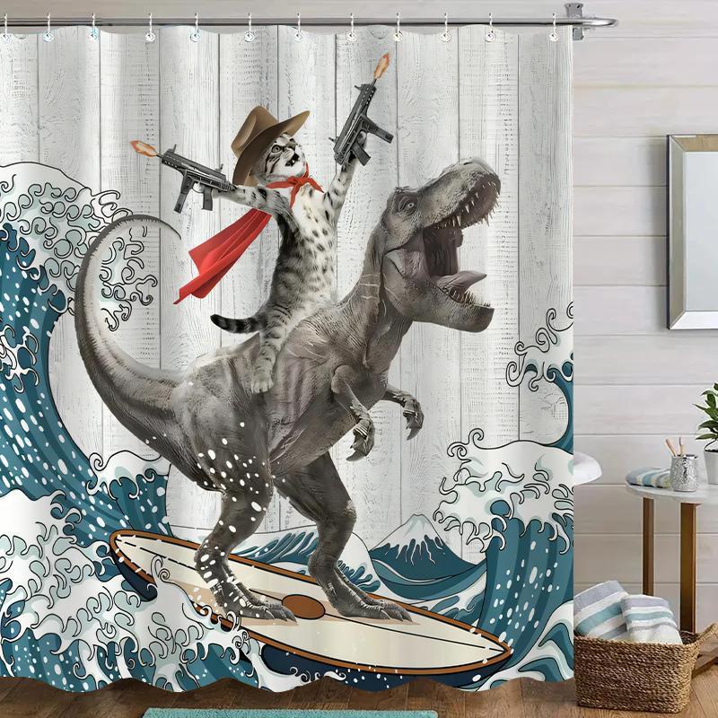 Dinosaur and Cat Pattern Removable Shower Curtain, Waterproof Bathroom Curtain with 12 Hooks, Decor for Home, Hotel, Apartment, Dorm and Spa