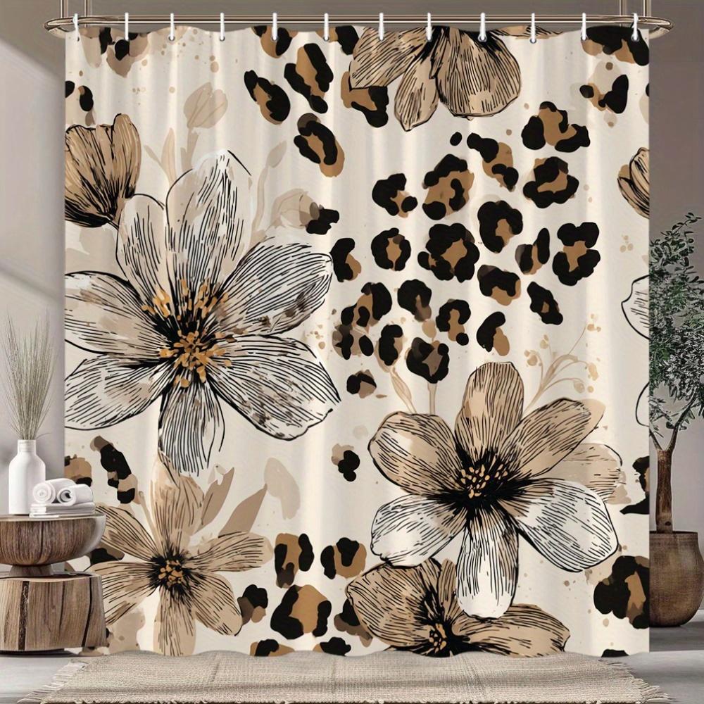 Floral Leopard Print Shower Curtain, Exotic Floral Design with Leopard Spots on Cream Background Intricate Line-Art Detailing, Bathtub Partition Curtain with Hooks, Fashionable Bathroom Accessory Elegant Bathroom Decor