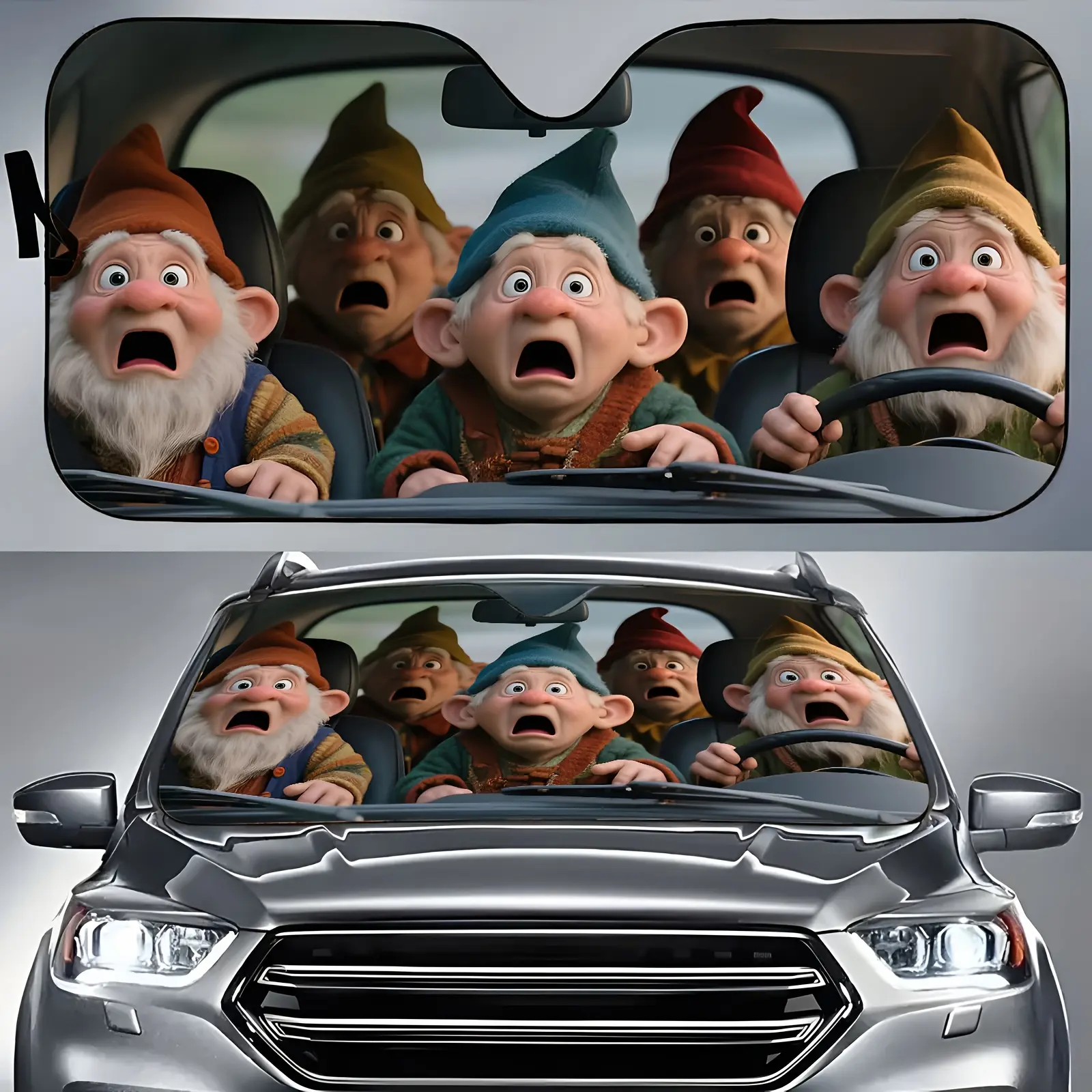 1pc Funny Dwarf Car Sun Visor - Cartoon Character Design Polyester Windshield Visor with Adjustable Buckle, Heat & Glare Reduction for All Vehicles, Interior Accessories, Sun Visor for Car, Vehicle Accessory, Playful Accessory, Easyinstall Accessory