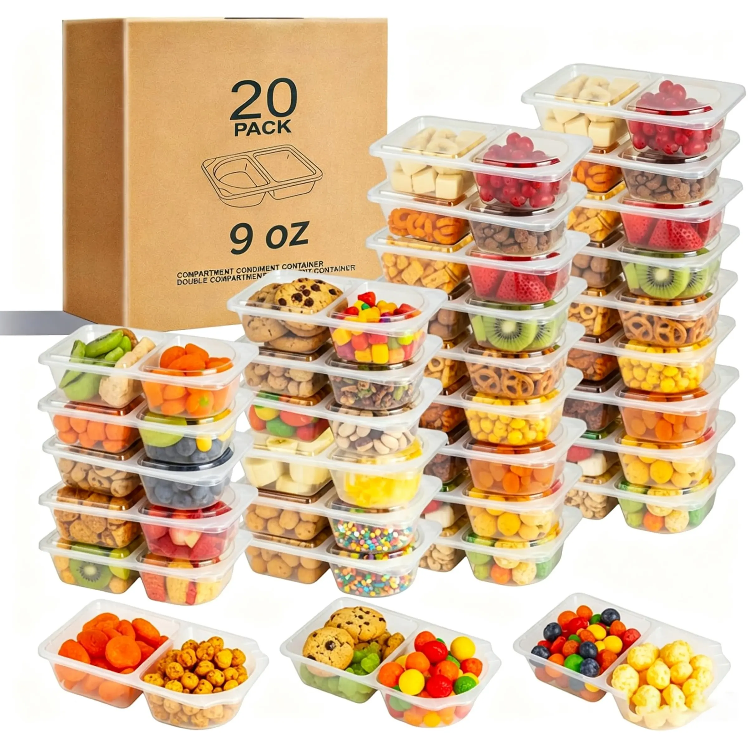 Reusable Snack Containers with Lids, Lunch Food Containers, 20-Pack Snack Pack Containers, Meal Prep Containers Double Compartment, Food Storage, Container Portion Control for On the Go Travel Essentials, Kids Meals, Camping Snack Tray Prep