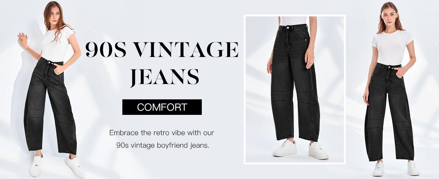 PiePieBuy Women's Vintage Boyfriend Jeans Baggy Wide Leg Denim Pants with Mid Rise Barrel Leg Ankle Length Loose Trouser Bottom Style Cute Blue Womenswear Casual Fit Fabric Pockets