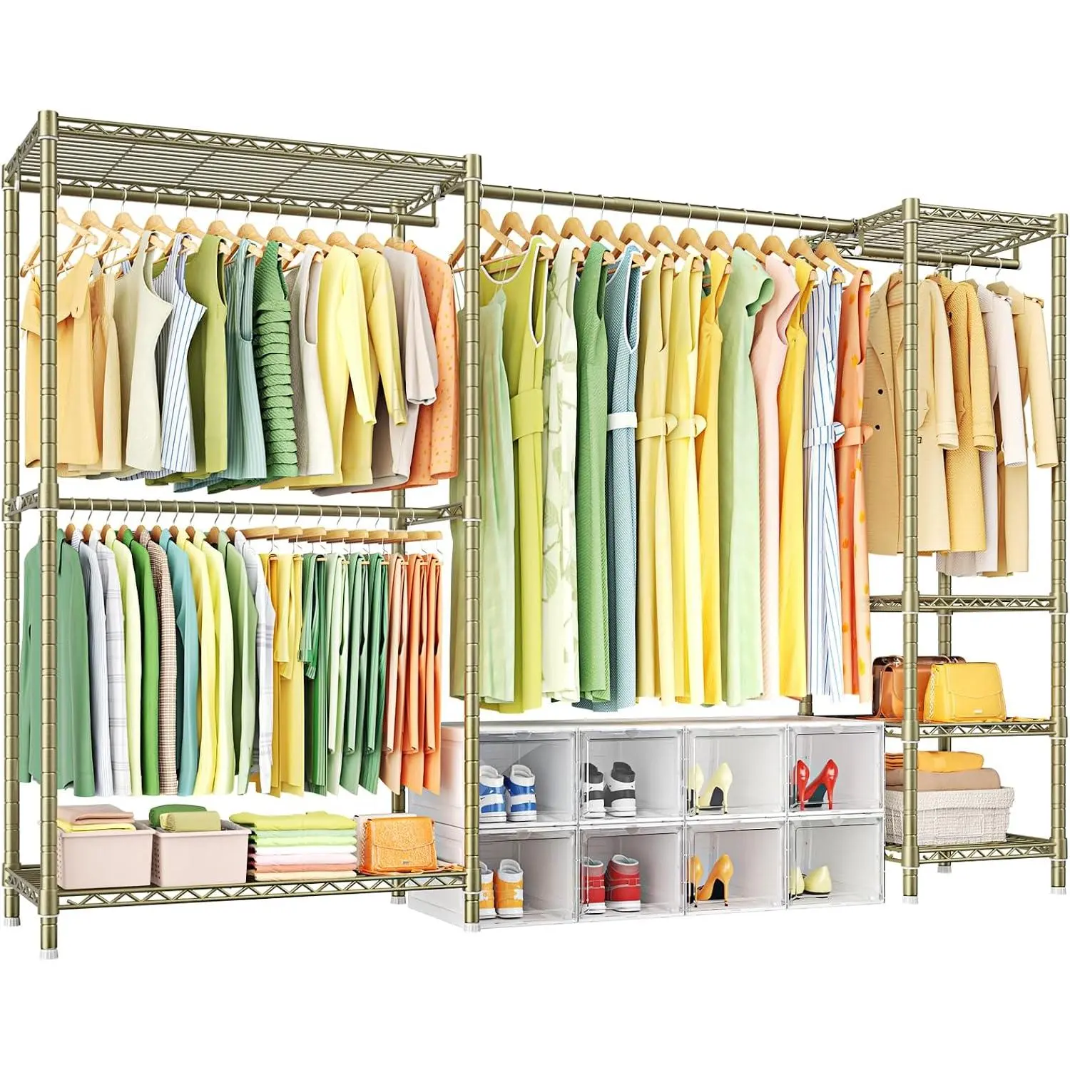 E10 Clothes Rack(With Stretchable Hanger Rod)Freestanding Clothing Racks for  Clothes,Adjustable Closet Organizer System,Portable Garment Rack 73-97"W x 15" D x 72" H,Max Load 800LBS,