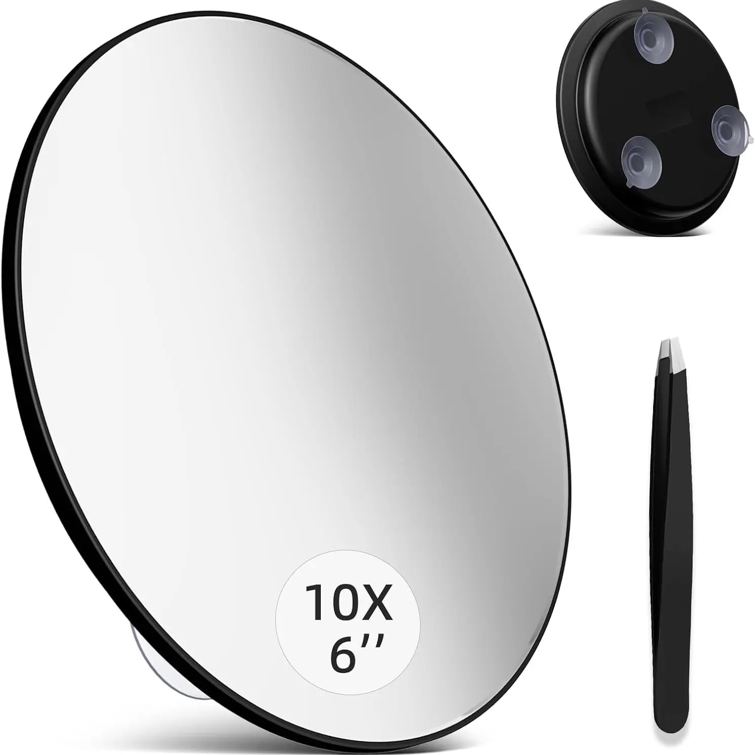 10X Magnifying Mirror with 3 Suction Cups, 6" Stick on Makeup Mirror with 10X Magnification,Magnified Makeup Mirror Portable Handheld Cosmetic Mirror and Tweezers Set for Travel,Makeup,Bathroom