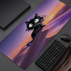 Extra Large Cute Black Cat In Desert Sunset Mouse Pad,Non Slip Rubber Pad,Desktop Decoration Drotection Pad,Washable,Lock Edge Multi Size,Premium Multipurpose Mousepad For Office,Study,Gift for Family and Friends