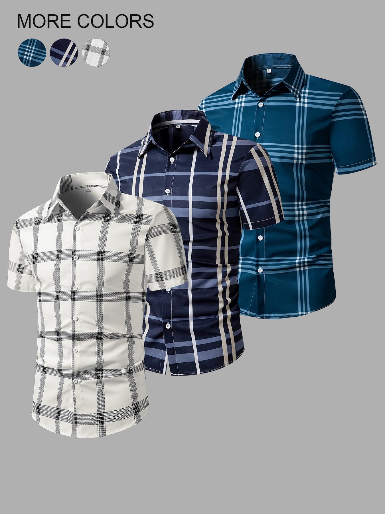 Men's Random Plaid Print Short Sleeve Shirt, Casual Party Shirt, Casual Regular Fit Button Collared Top for Summer, Men's Clothes for Daily Wear